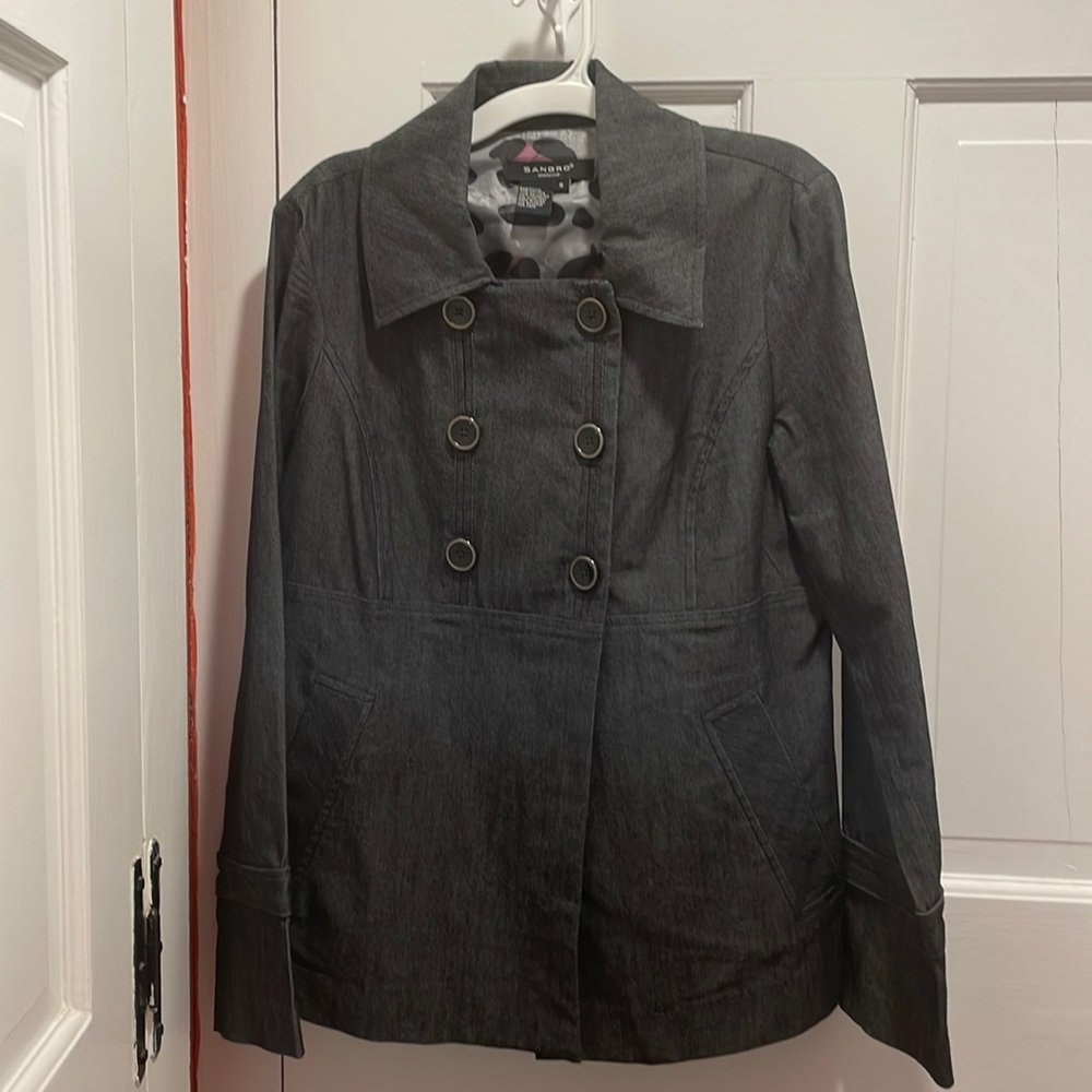 Grey Sandro light weight denim double breasted blazer with animal print lining.